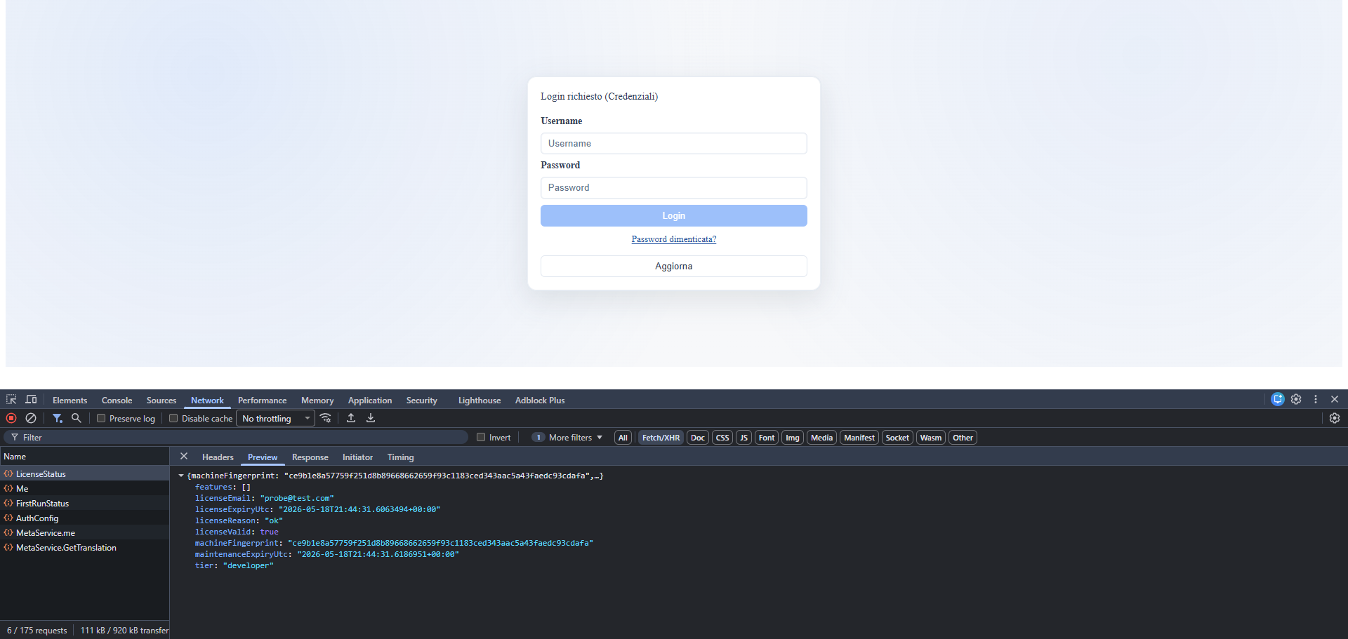licensing / LicenseStatus API response (licenseValid=true, tier=developer)