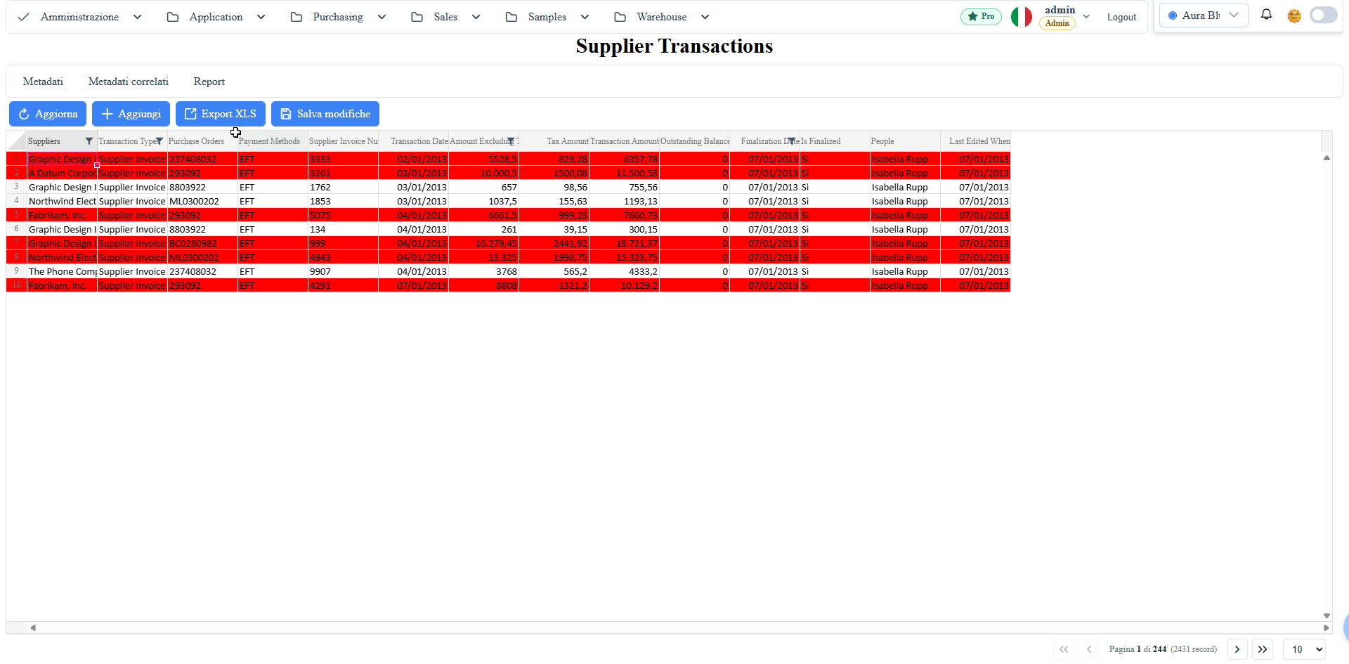Vista spreadsheet